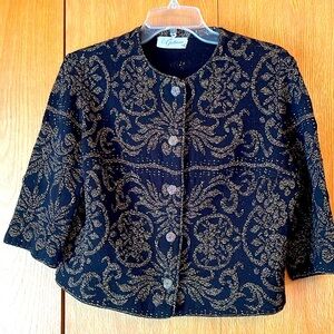Vintage 1950s Guttman Knitwear black gold 1/2 Sleeve Button Cardigan L size 40